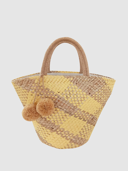 Women's Summer Dillards Straw Braided Basket Handbag Open-top Weave Tote Basket Bag Hairball Embellished - POPBAE