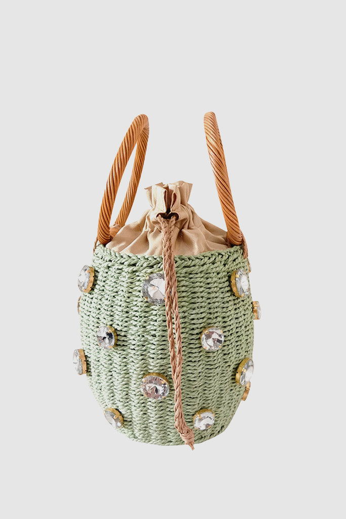 Women's Summer Straw Braided Basket Bag Open-top Petit Bucket Handbag Round Handle Crystal Embellishment