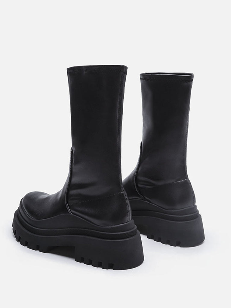 Women's Solid Mid-block Round Toe Chunky Sole Low Chelsea Boots - POPBAE