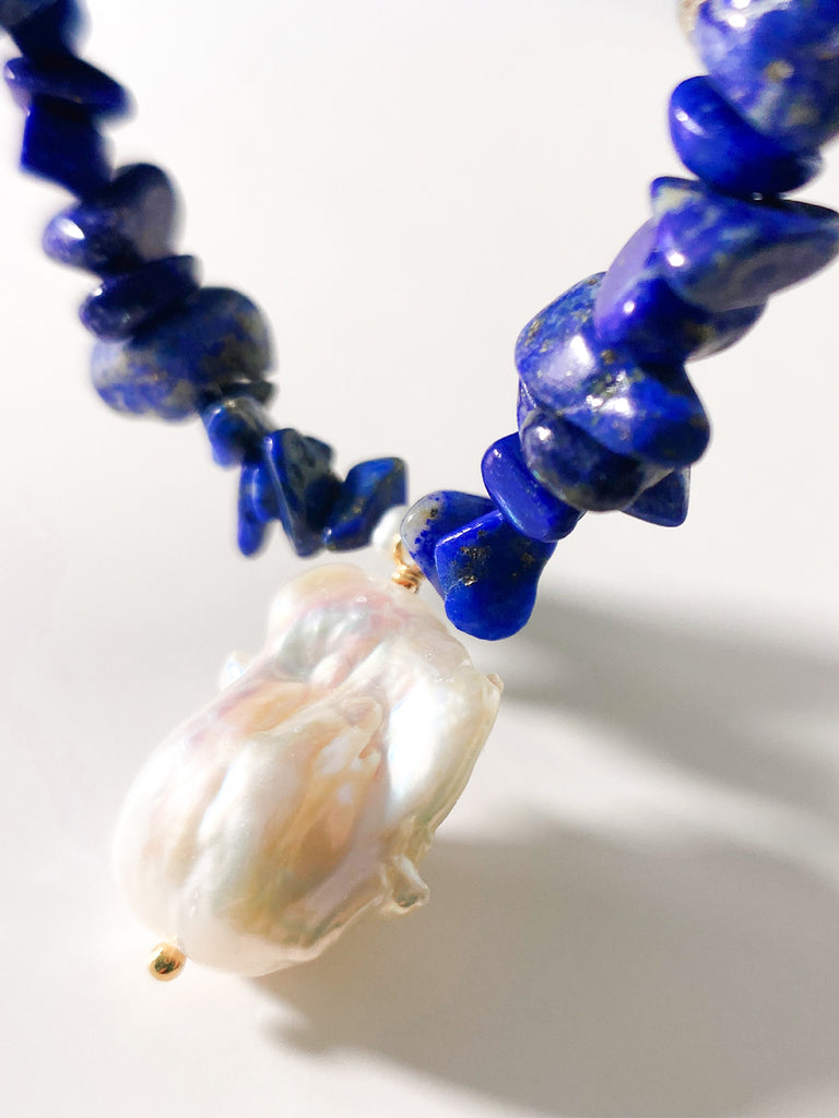 Natural Stone Lapis Lazuli Chocker Freshwater Baroque Pearl Drop Necklace | SAWUBONA - POPBAE