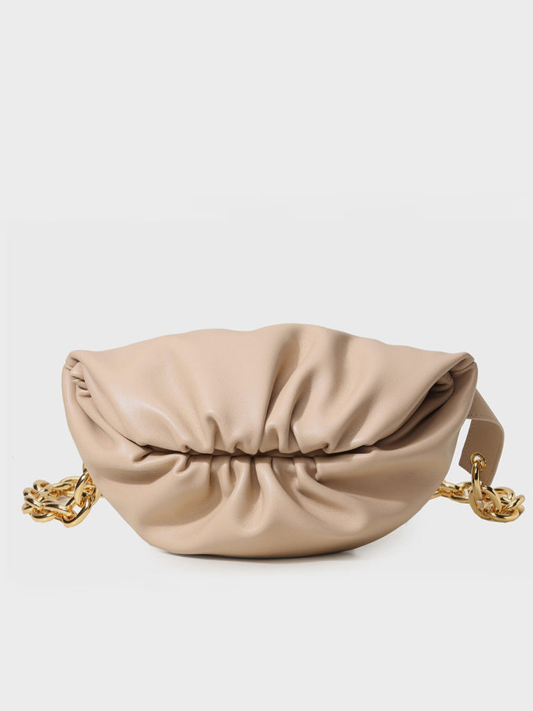 Women's Puffy Fanny Pack Cute Soft Leather Pouch Ruched Belt Bag Chunky Golden Chain - POPBAE