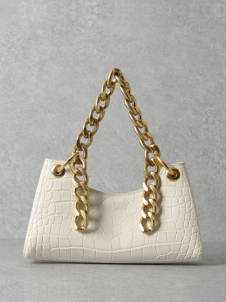 Women's 90s Crocodile Froggy Shoulder Bag Croc Effect Baguette Bag Gold Thick Chain - POPBAE