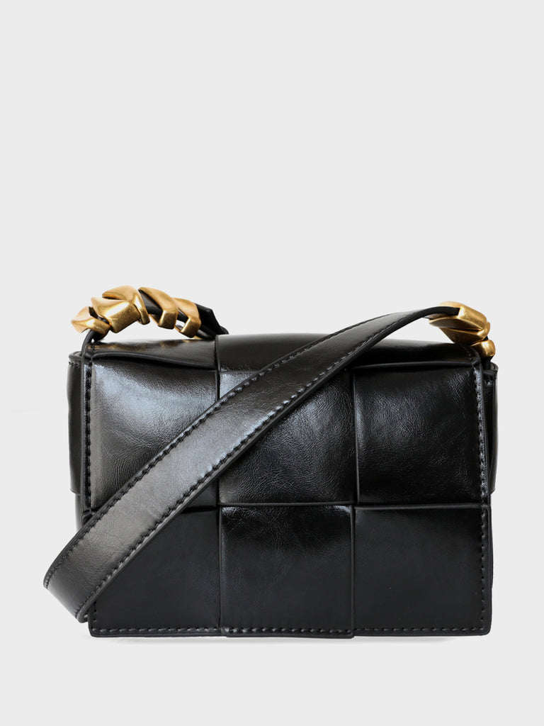 Mini Square Padded Cassette Bag Woven Leather Shoulder Bag Crossbody Handbag - POPBAE