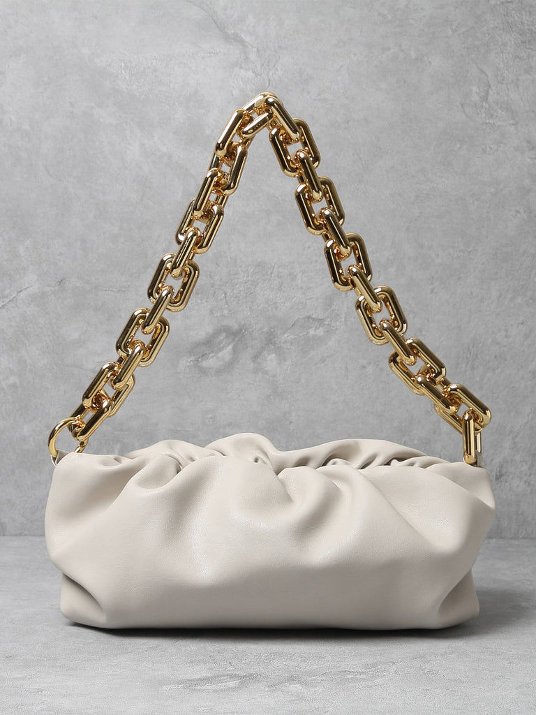 Women's Cloud Clutch Shoulder Bag Ruched Pouch Golden Chunky Chain Bag - POPBAE