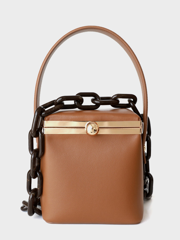 Top Handle Box Bag Chunky Chain Leather Open-top Clip Clutch Mini Bucket Bag - POPBAE