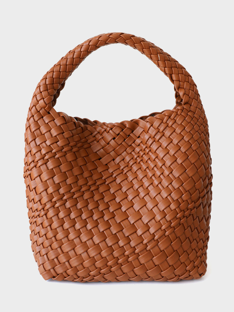Leather Handmade Woven Top Handle Bucket Tote Bag Braided Open-top Basket Shoulder Bag - POPBAE