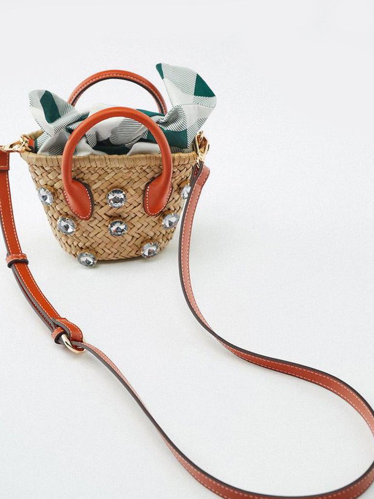 Summer Straw Braided Basket Bag Open-top Petit Bucket Handbag Top Handle Crystal Embellishment Clutch - POPBAE