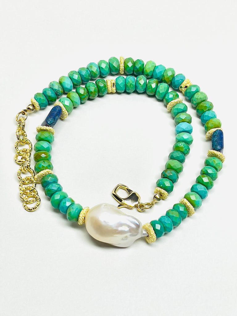 Green Turquoise Baroque Pearl Necklace Natural Stone Gold Detail Choker | SAWUBONA - POPBAE