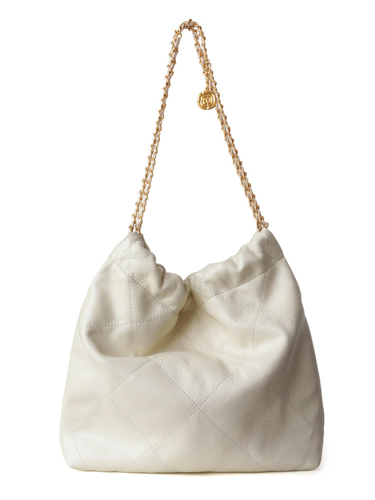 Golden Chain Shiny Calfskin Strap Lattice Shoulder Bag Diamond-Quilted Tote Bag, Ivory