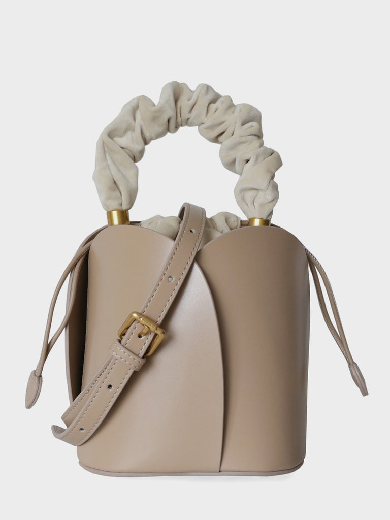 Flower Shape Ruched Top Handle Bucket Bag Open-top Drawstring Leather Clutch - POPBAE