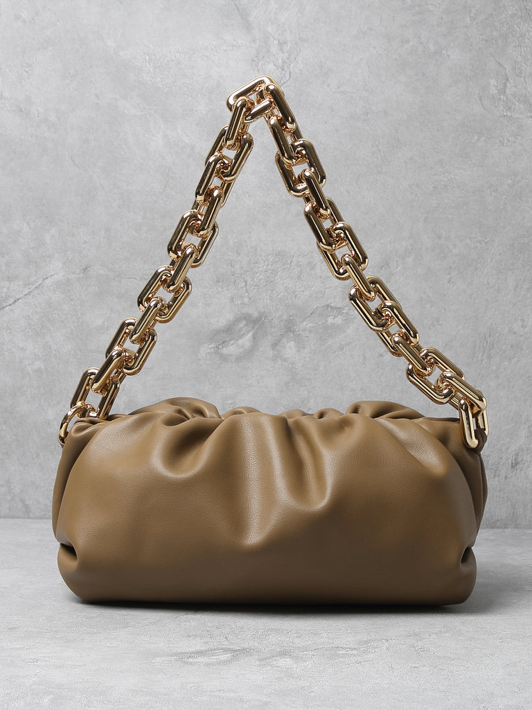 Women's Cloud Clutch Shoulder Bag Ruched Pouch Golden Chunky Chain Bag