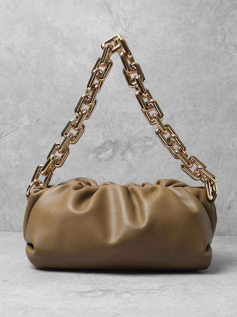 Women's Cloud Clutch Shoulder Bag Ruched Pouch Golden Chunky Chain Bag, Ivory