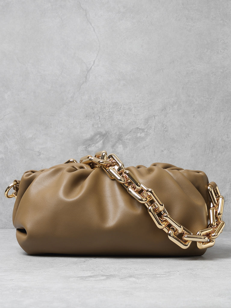 Women's Cloud Clutch Shoulder Bag Ruched Pouch Golden Chunky Chain Bag - POPBAE