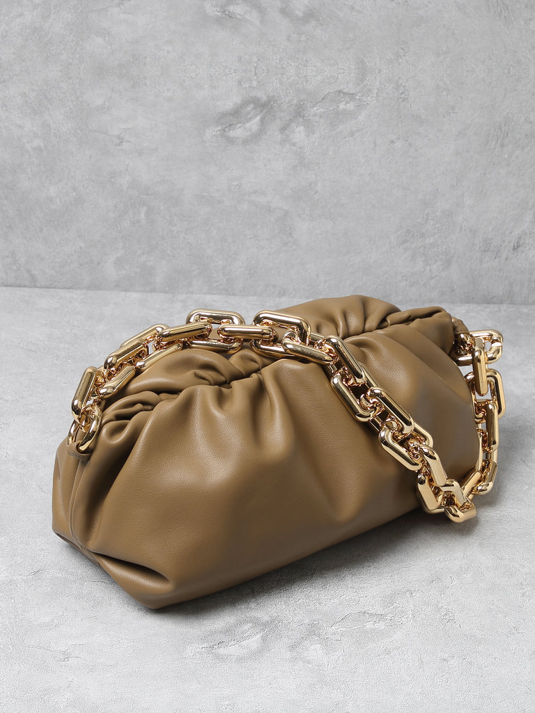 Women s Cloud Clutch Shoulder Bag Ruched Pouch Golden Chunky Chain Bag