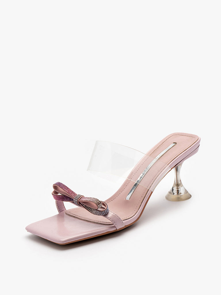 Rhinestone Bow-knot Clear Square Peep Toe Mules Transparent Kitten Heel Sandals - POPBAE