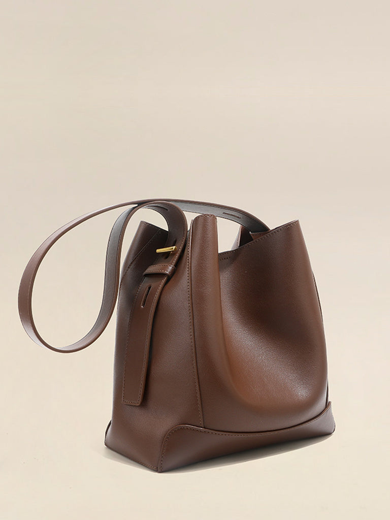 Minimal Bucket Leather Shoulder Bag Single Strap Hobo Tote Bag - POPBAE