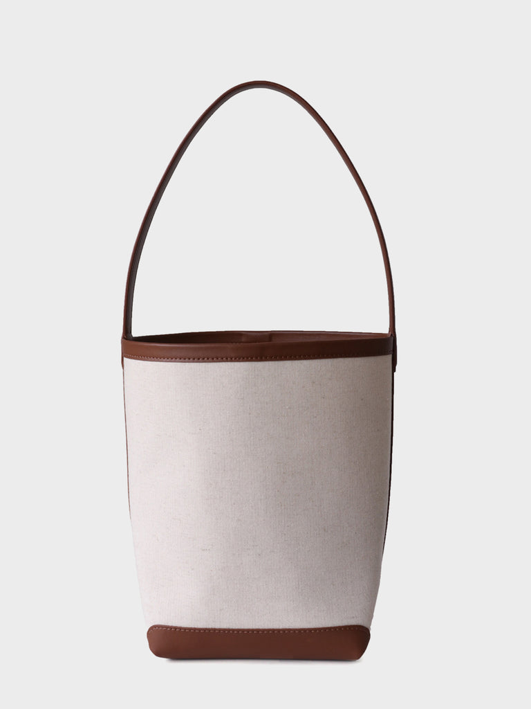 Leather Linen Open-top Bucket Bag Top Handle Tote Bag - POPBAE