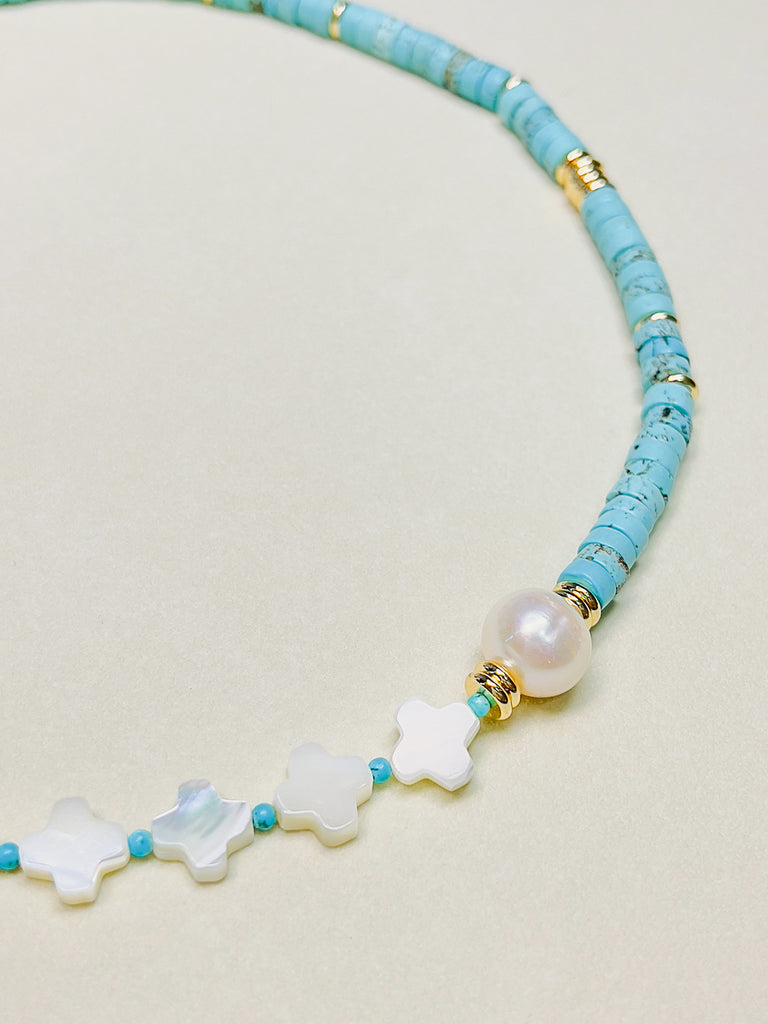 Natural Stone Turquoise Shell Cross Chocker Freshwater Pearl Necklace | SAWUBONA - POPBAE