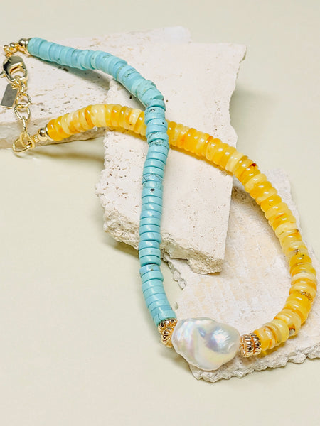 Natural Stone Turquoise Amber Chocker Freshwater Baroque Pearl Necklace | SAWUBONA - POPBAE