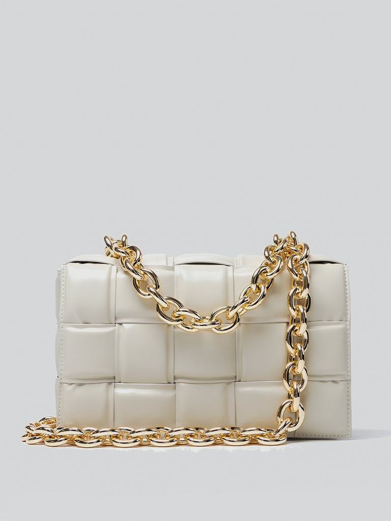 Women's Padded Bag Cassette Leather Shoulder Bag Gold Chain Woven Square Crossbody Bag - POPBAE