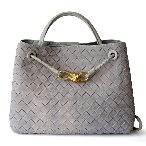 Gold Bow Suede Leather Woven Tote Bag