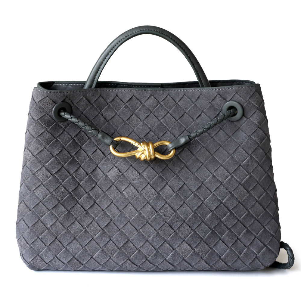 Gold Bow Suede Leather Woven Tote Bag