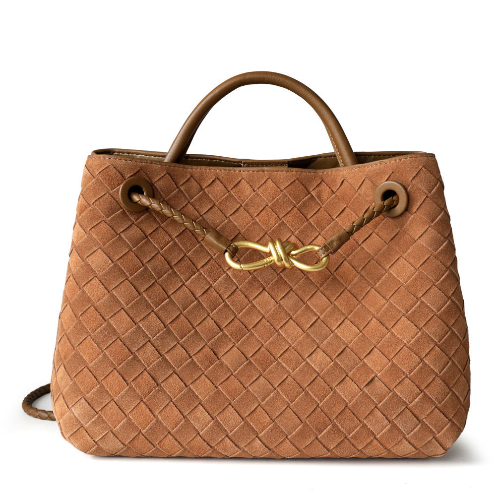 Gold Bow Suede Leather Woven Tote Bag