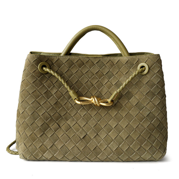 Gold Bow Suede Leather Woven Tote Bag