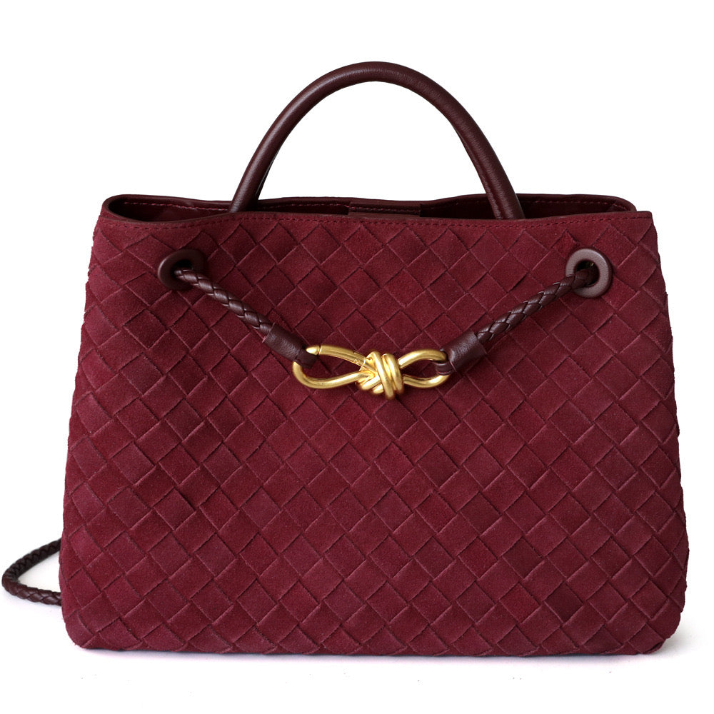Gold Bow Suede Leather Woven Tote Bag