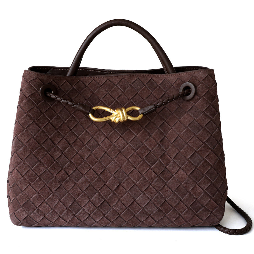 Gold Bow Suede Leather Woven Tote Bag