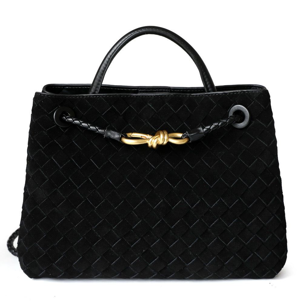 Gold Bow Suede Leather Woven Tote Bag