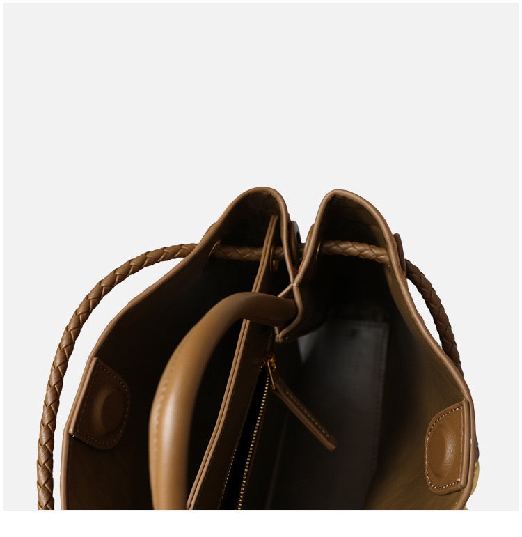 Gold Bow Suede Leather Woven Tote Bag