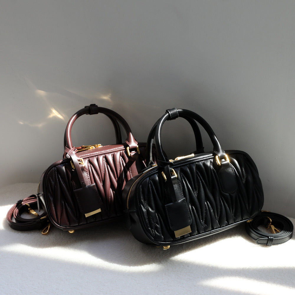 Lambskin Leather Top Handle Ruched Pillow Bag Boston Bag