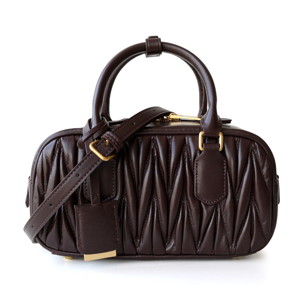 Lambskin Leather Top Handle Ruched Pillow Bag Boston Bag