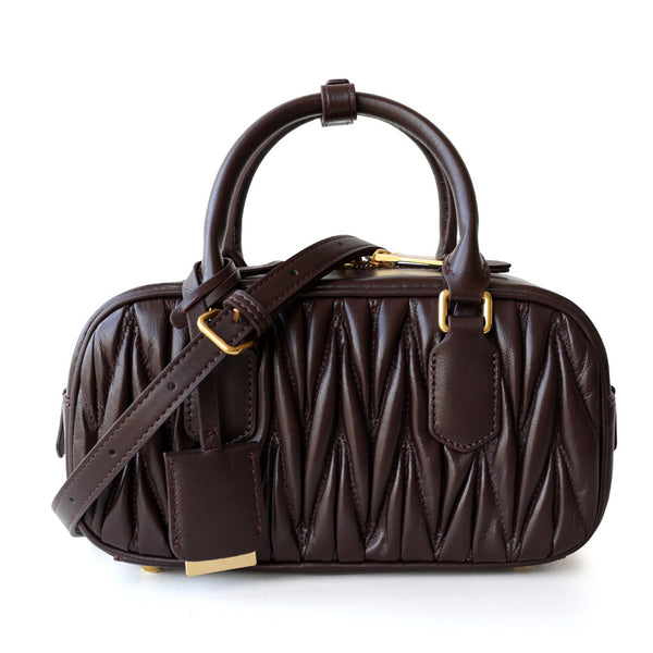 Lambskin Leather Top Handle Ruched Pillow Bag Boston Bag