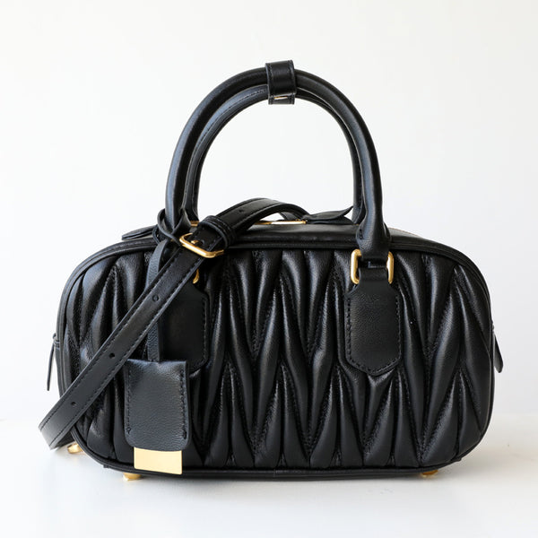 Lambskin Leather Top Handle Ruched Pillow Bag Boston Bag