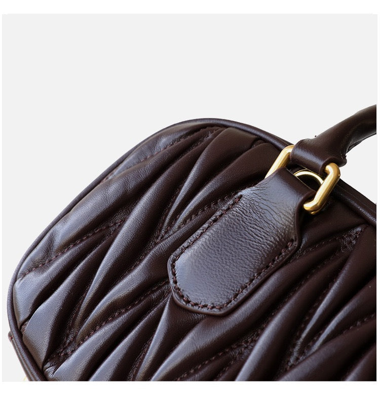 Lambskin Leather Top Handle Ruched Pillow Bag Boston Bag