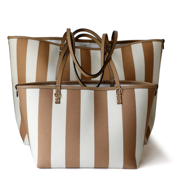 Leather Top Handle Striped Canvas Tote Bag