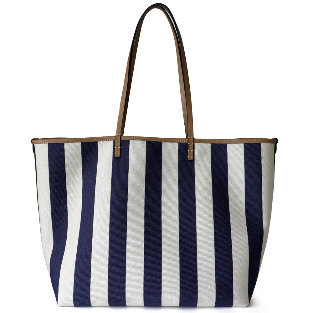 Leather Top Handle Striped Canvas Tote Bag