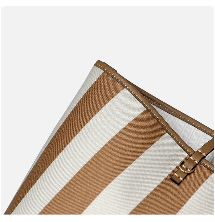 Leather Top Handle Striped Canvas Tote Bag