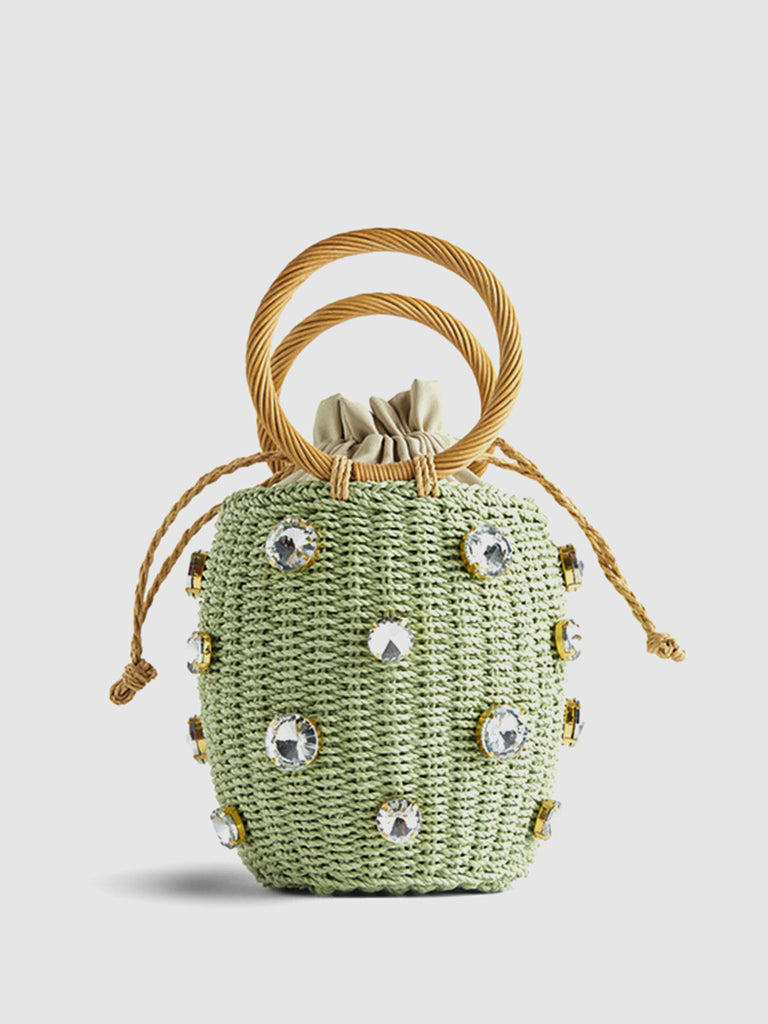 Women's Summer Straw Braided Basket Bag Open-top Petit Bucket Handbag Round Handle Crystal Embellishment - POPBAE