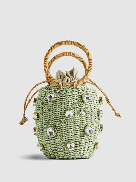 Women's Summer Straw Braided Basket Bag Open-top Petit Bucket Handbag Round Handle Crystal Embellishment - POPBAE