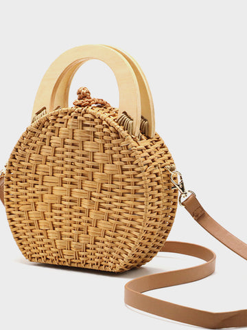 Women's Summer Straw Braided Basket Bag Open-top Petit Bucket Handbag Round  Handle Crystal Embellishment