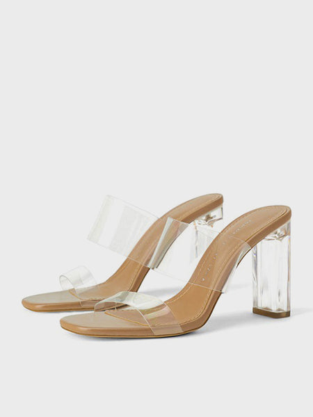 Women's Clear Heeled Sandals In Nude - POPBAE