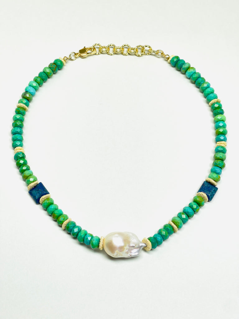 Green Turquoise Baroque Pearl Necklace Natural Stone Gold Detail Choker | SAWUBONA - POPBAE