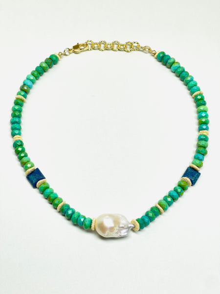 Green Turquoise Baroque Pearl Necklace Natural Stone Gold Detail Choker | SAWUBONA - POPBAE