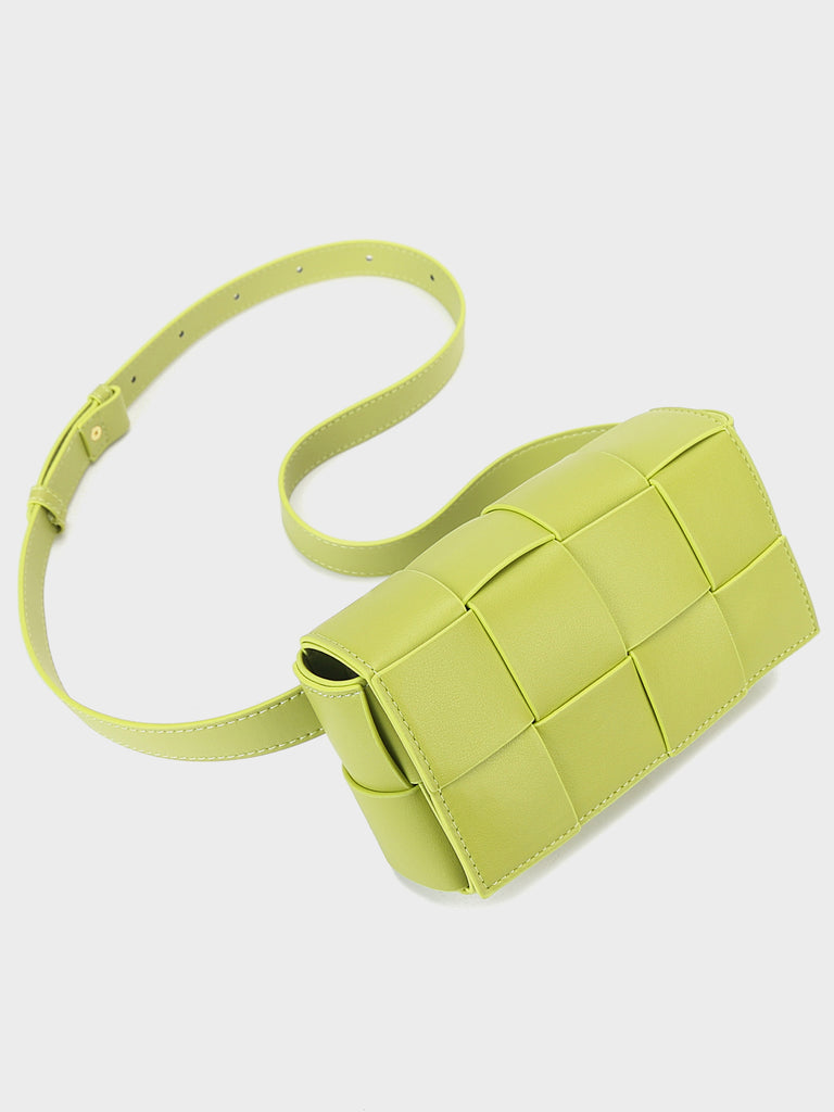Women's Square Cassette Mini Woven Leather Belt Bag Crossbody Sling Fanny Pack Golden Chain - POPBAE