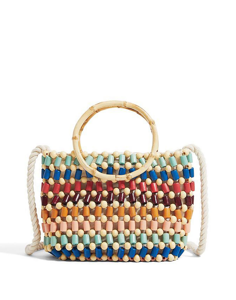 Women's Wood Beaded Tote Handbag Cotton Strap Bamboo Handle - POPBAE