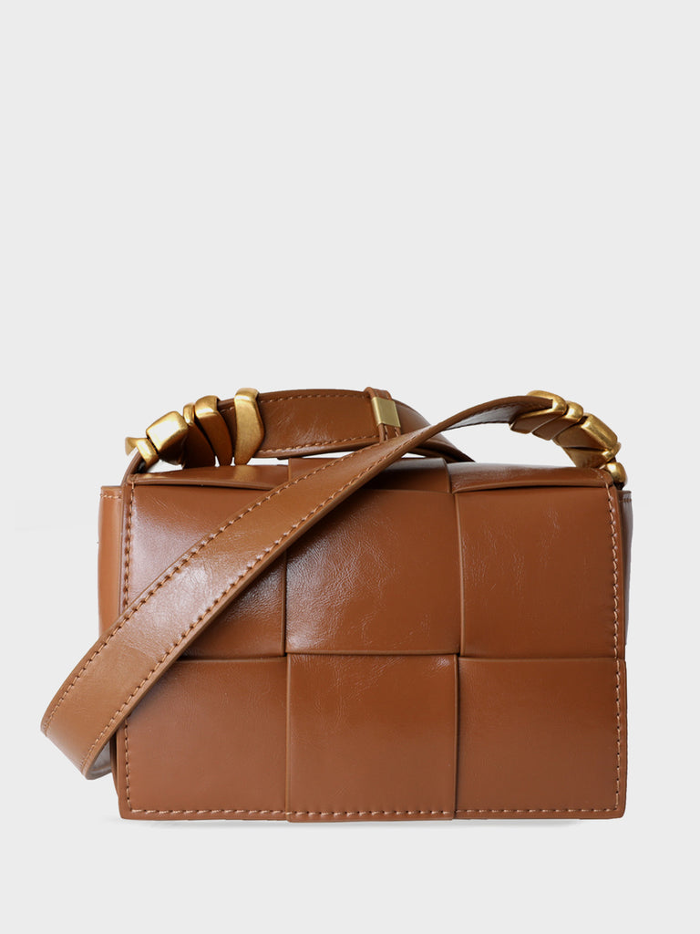 Mini Square Padded Cassette Bag Woven Leather Shoulder Bag Crossbody Handbag - POPBAE