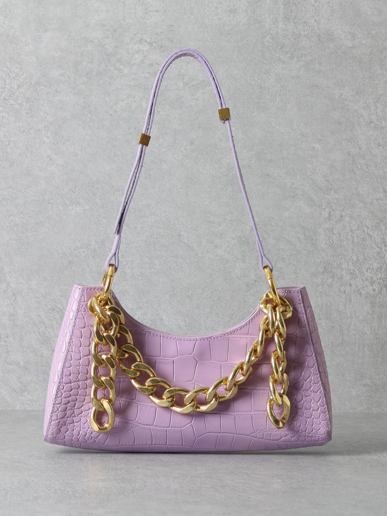 Women's 90s Crocodile Froggy Shoulder Bag Croc Effect Baguette Bag Gold Thick Chain - POPBAE